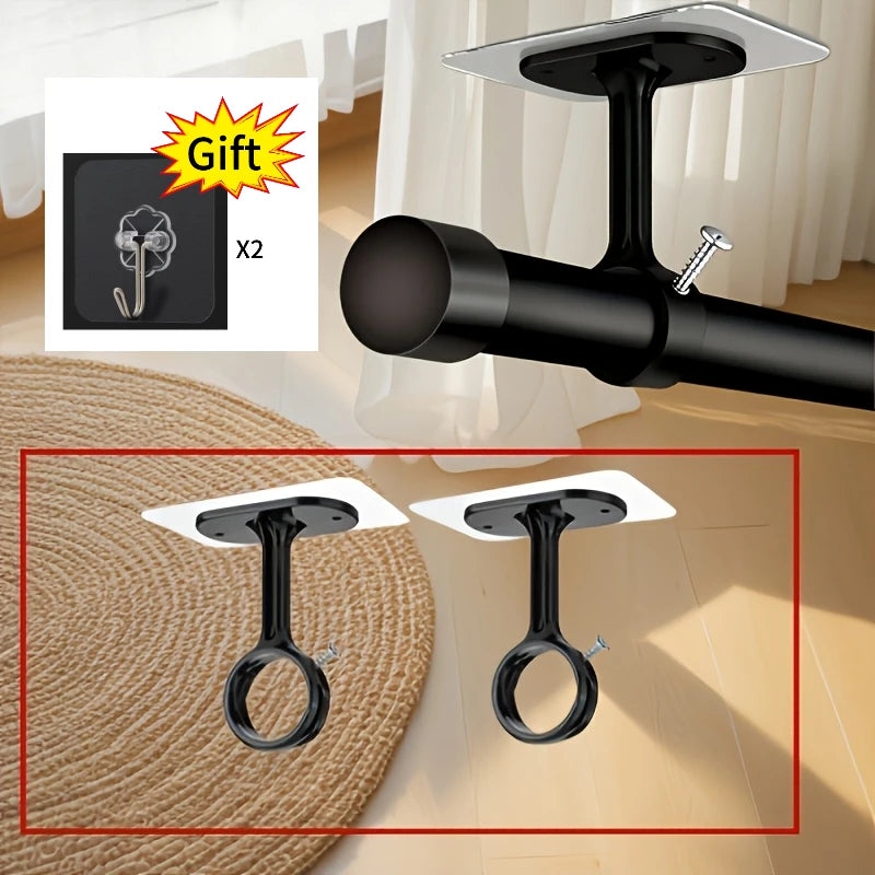 Two black no-drill adhesive curtain hooks are shown, with one installed on a curtain rod and another displayed separately.