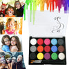 An open palette of 15 colors of face and body paint, featuring bright dripping colors and various shades for artistic use.