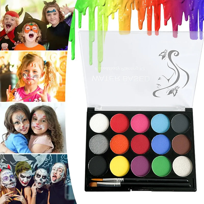 An open palette of 15 colors of face and body paint, featuring bright dripping colors and various shades for artistic use.