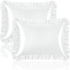 A set of two white ruffled satin pillowcases with silky envelope closures.