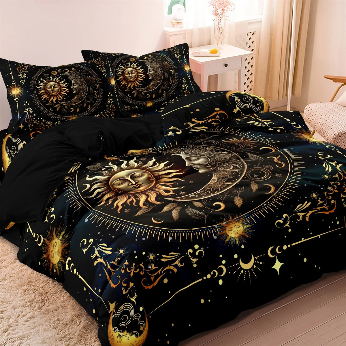 A black duvet cover featuring a golden celestial design with suns, moons, and ornate patterns.