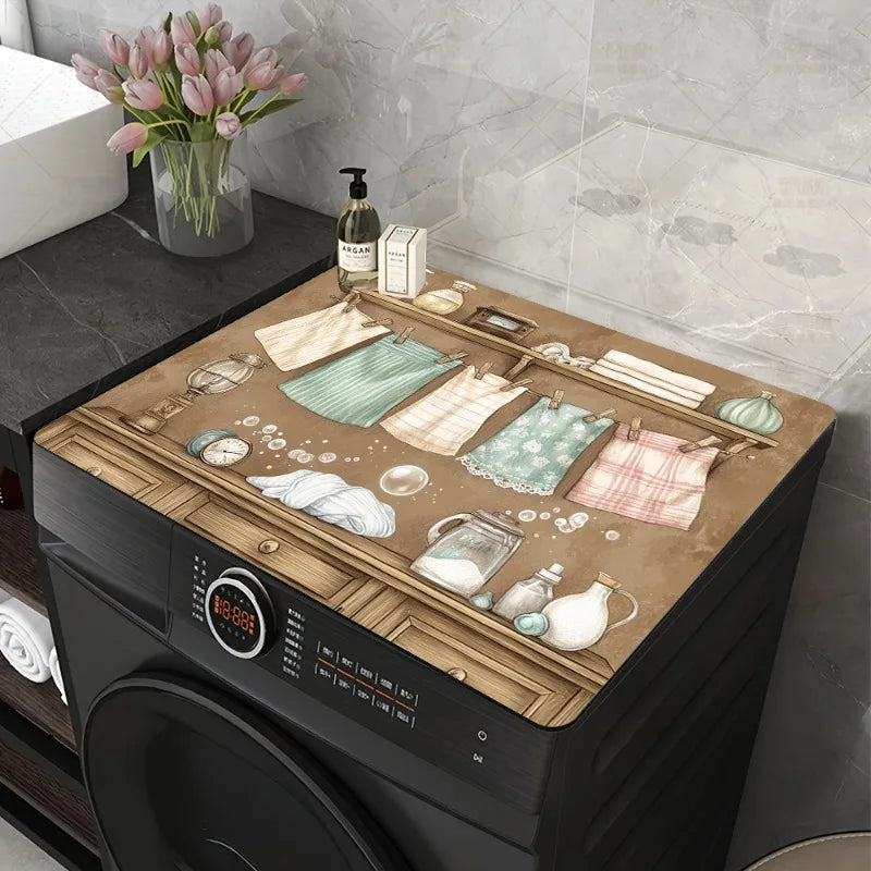 A vintage laundry appliance cover is displayed on a dark countertop next to a washing machine.