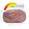 A ball of multi-colored yarn, featuring pink, yellow, and purple threads, is shown emerging from a cloud under a rainbow.