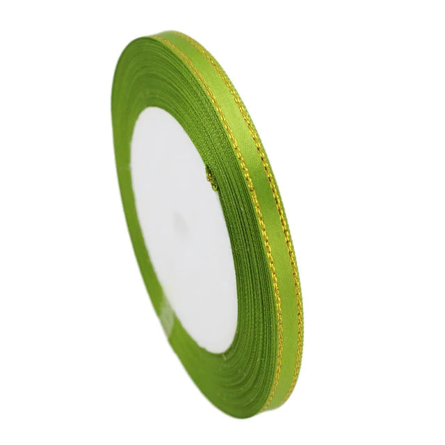 Roll of 6mm gold-edged satin ribbon in lime green color