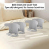 A set of gray bed sheet and cover fixers designed for home cleanliness, shown on a bed.