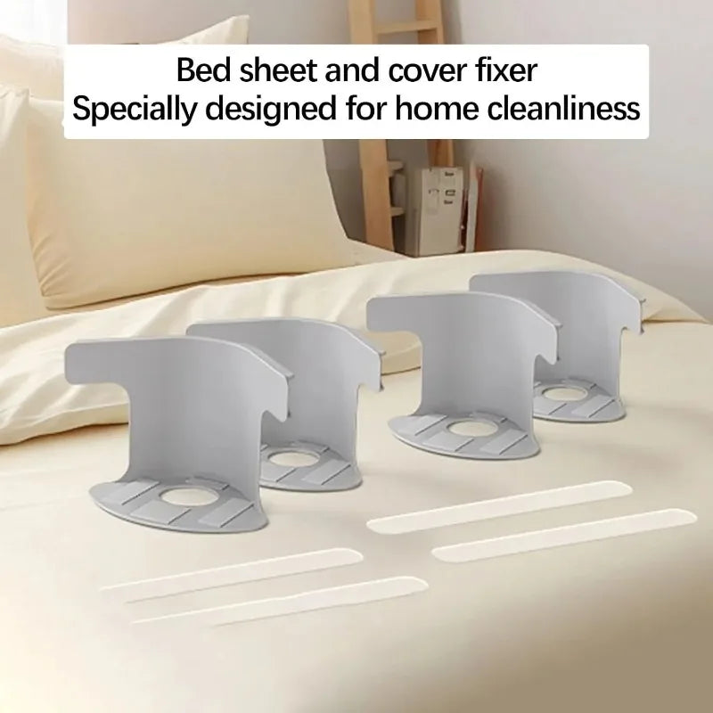 A set of gray bed sheet and cover fixers designed for home cleanliness, shown on a bed.