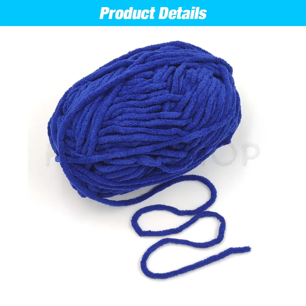 A ball of bright blue soft velvet chenille yarn with loose strands extending from it.