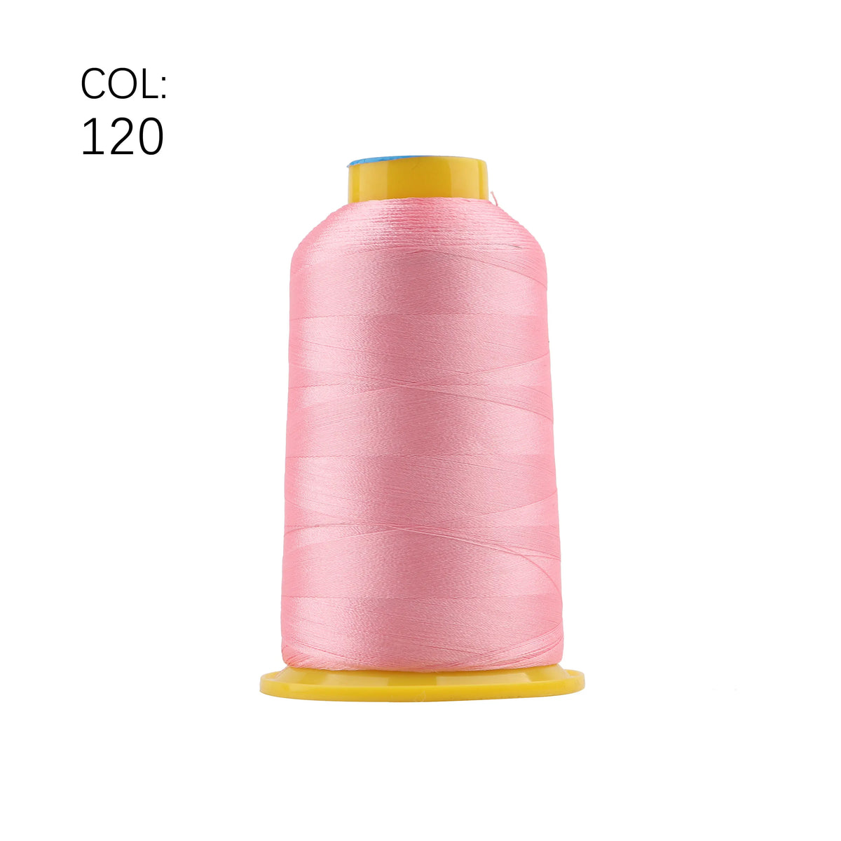 A spool of pink embroidery thread with a yellow core and cap.