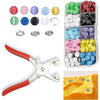 A precision snap button kit showing various colored buttons and a pair of pliers for sewing and crafts.