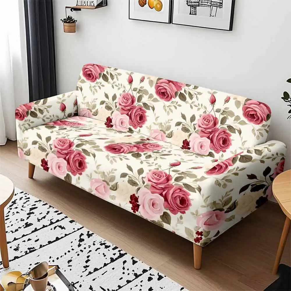 Elegant watercolor rose stretch sofa cover featuring pink and green floral patterns on a beige background