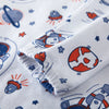 White cotton pajama set featuring cartoon astronauts and space elements in blue and orange.