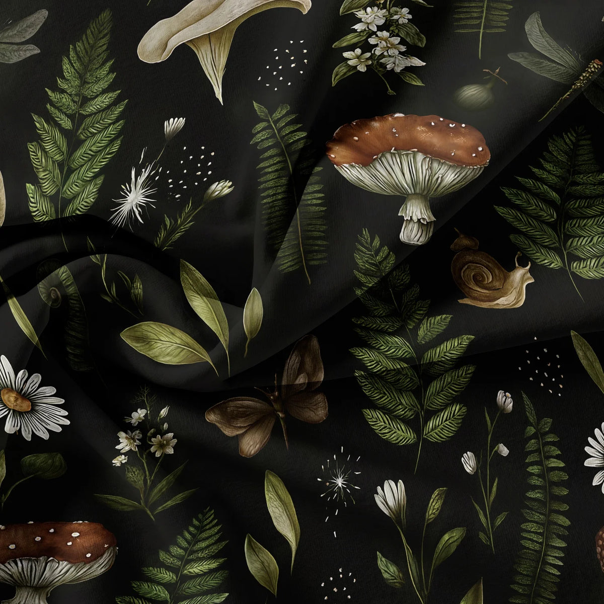 Dark fabric featuring a botanical pattern of forest mushrooms, leaves, and small white flowers.