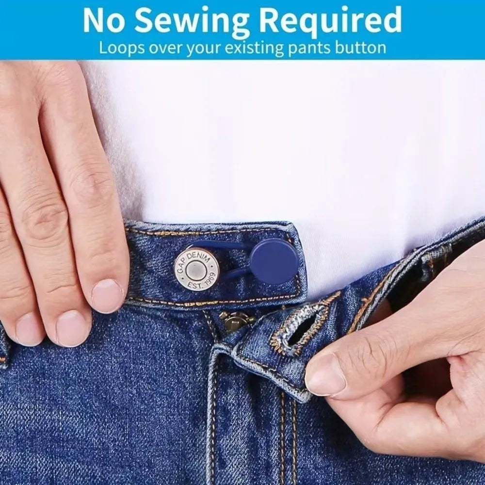 Hands demonstrate how to loop metal waistbands over an existing pants button for a no-sew fit.