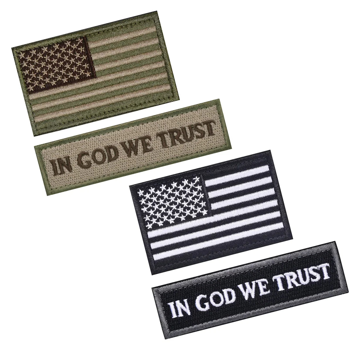 A set of military flag patches featuring the American flag and the text In God We Trust on olive green and black backgrounds.