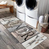 A long rectangular rug featuring a wood grain print design placed on a wooden floor.