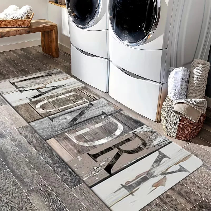 A long rectangular rug featuring a wood grain print design placed on a wooden floor.