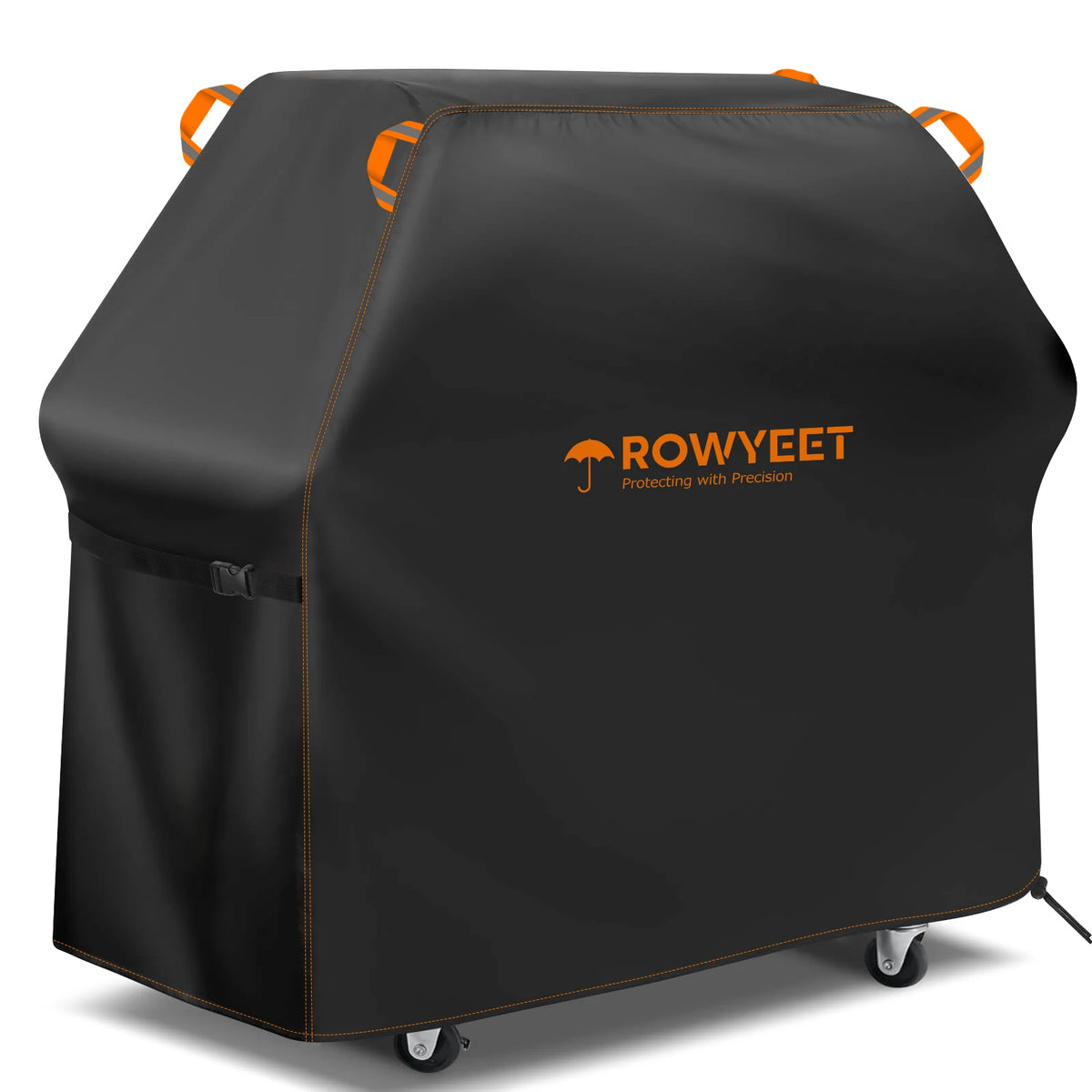 Black waterproof UV-resistant BBQ grill cover with orange handles and wheels