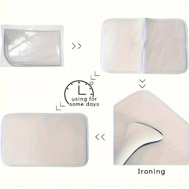 A set of clear plastic pads used for ironing, showing various sizes and applications.