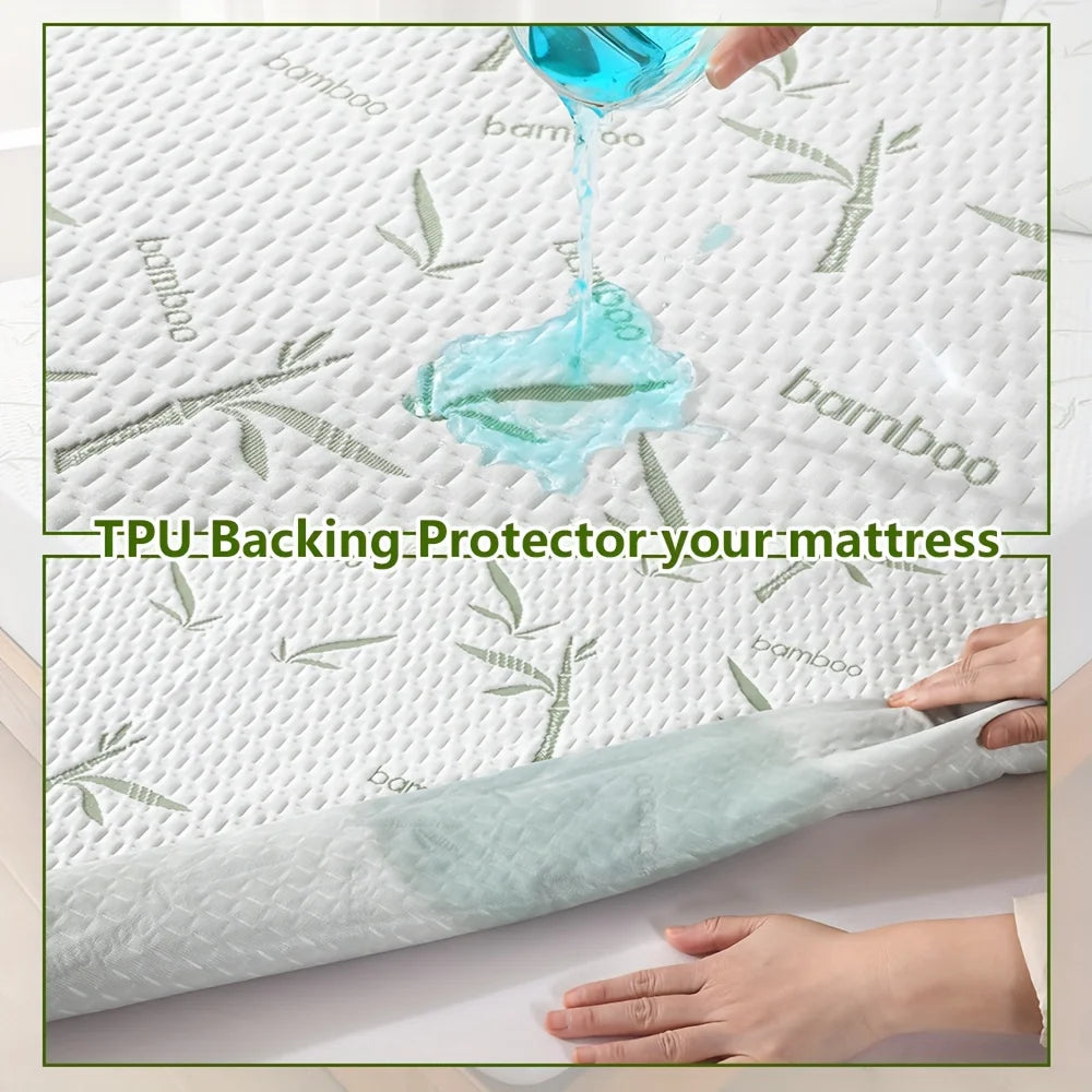 A hand pours blue liquid onto a white bamboo fiber fitted sheet mattress protector, demonstrating its protective qualities.