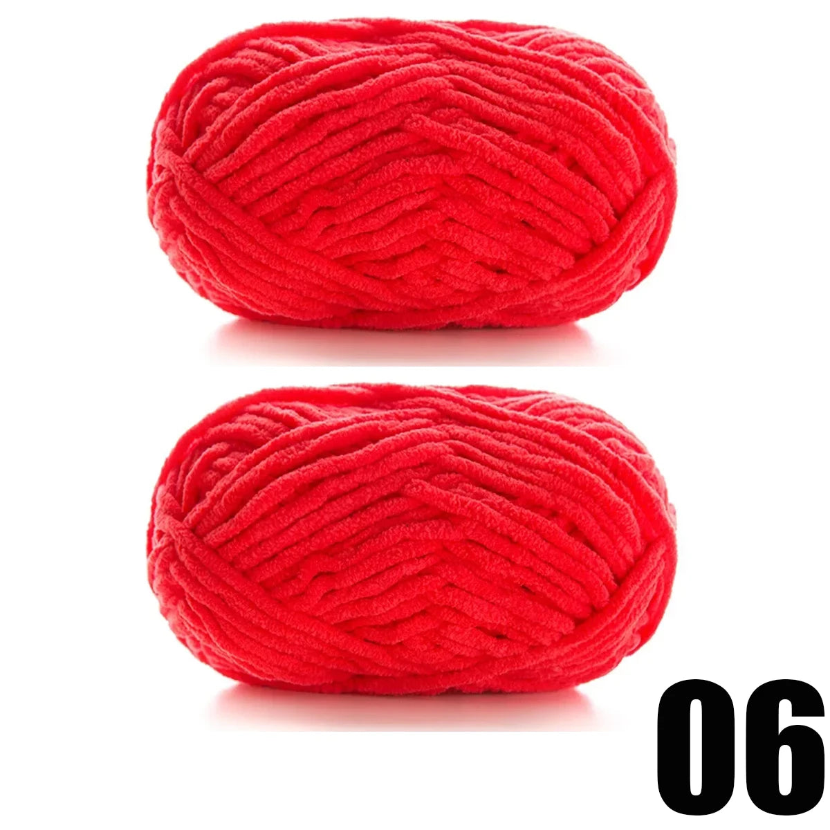 A ball of bright red thick velvet yarn used for knitting and crochet projects.