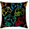 A black pillow cover featuring a vibrant, colorful design of various game controllers and gaming elements.