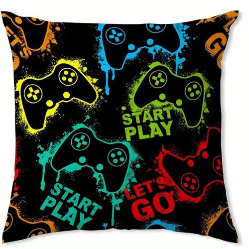 A black pillow cover featuring a vibrant, colorful design of various game controllers and gaming elements.