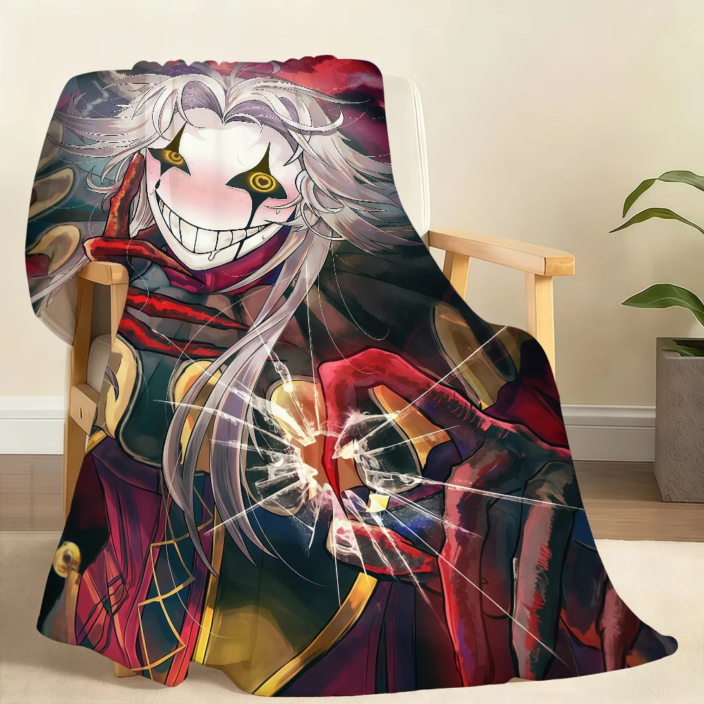A soft throw blanket featuring a stylized, white-haired circus character with a wide smile and dramatic makeup.