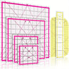 A set of acrylic quilting rulers in four sizes and an ironing ruler displayed on a grid background.