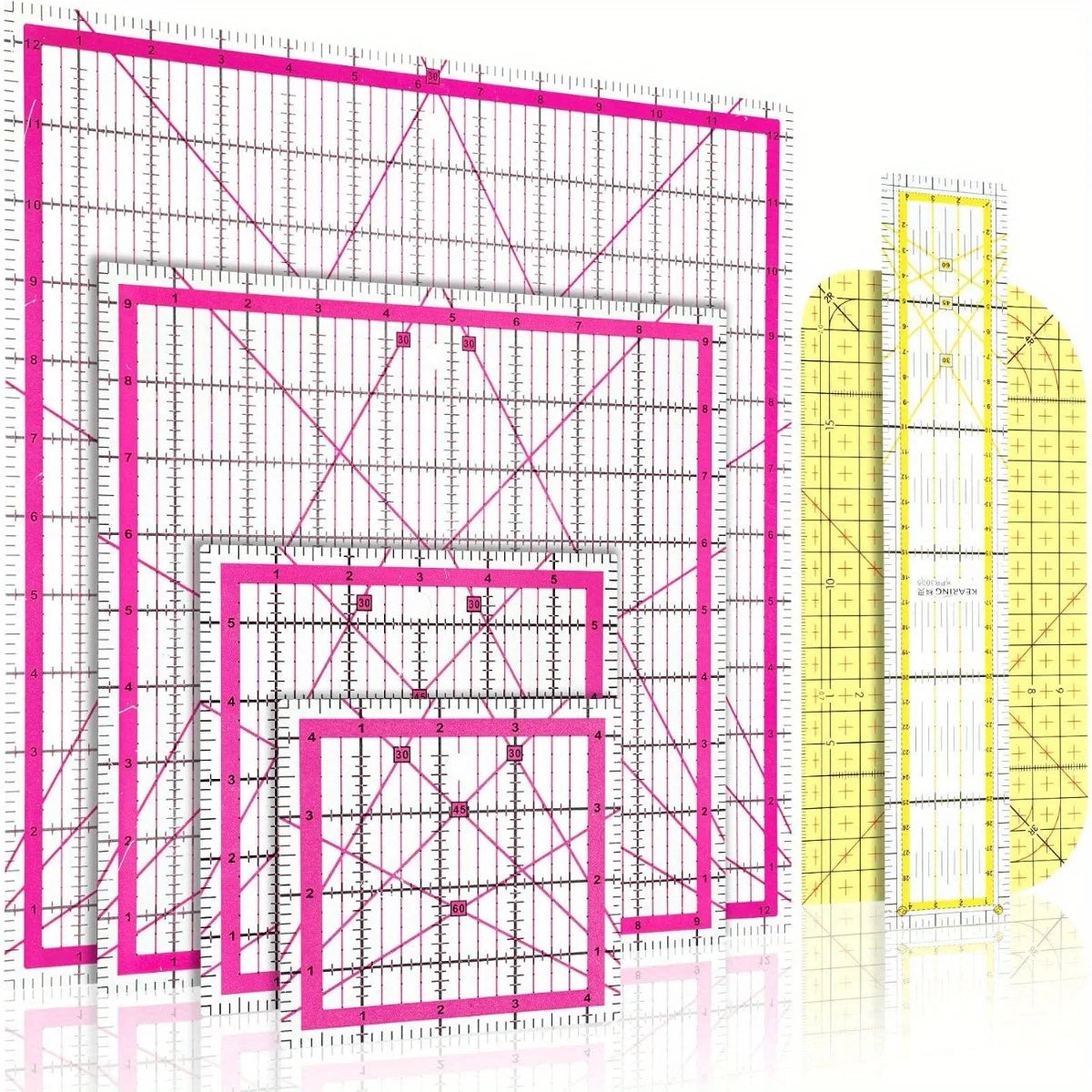 A set of acrylic quilting rulers in four sizes and an ironing ruler displayed on a grid background.