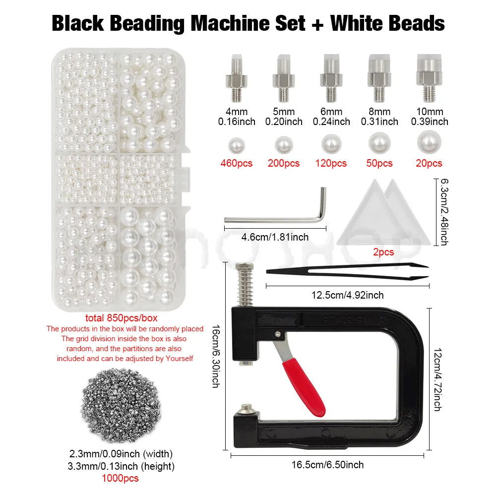 Black beading machine set with white beads and various sized beads for crafting