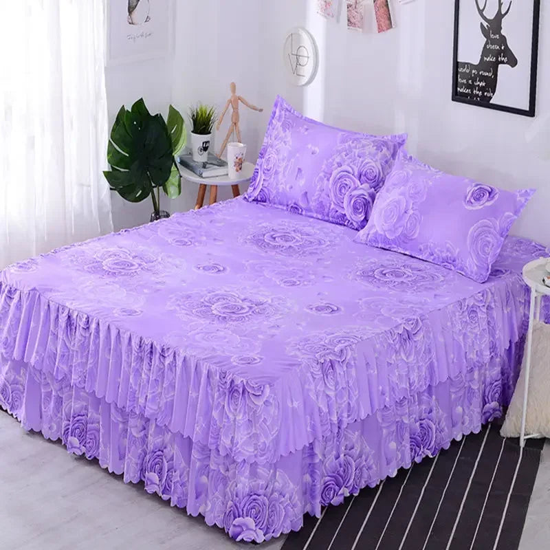 Purple fitted bed sheets with elastic lace trim displayed on a bed.