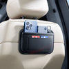 A black storage bag with a slot for a smartphone and an ID card is mounted on a light-colored car seat.
