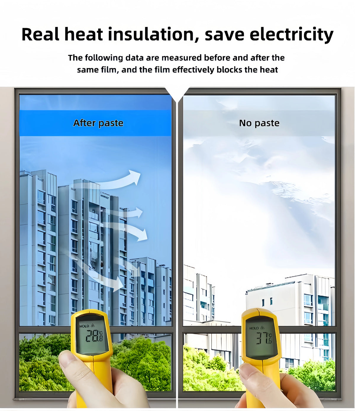 Comparison of window film effectiveness showing heat blocking before and after application.