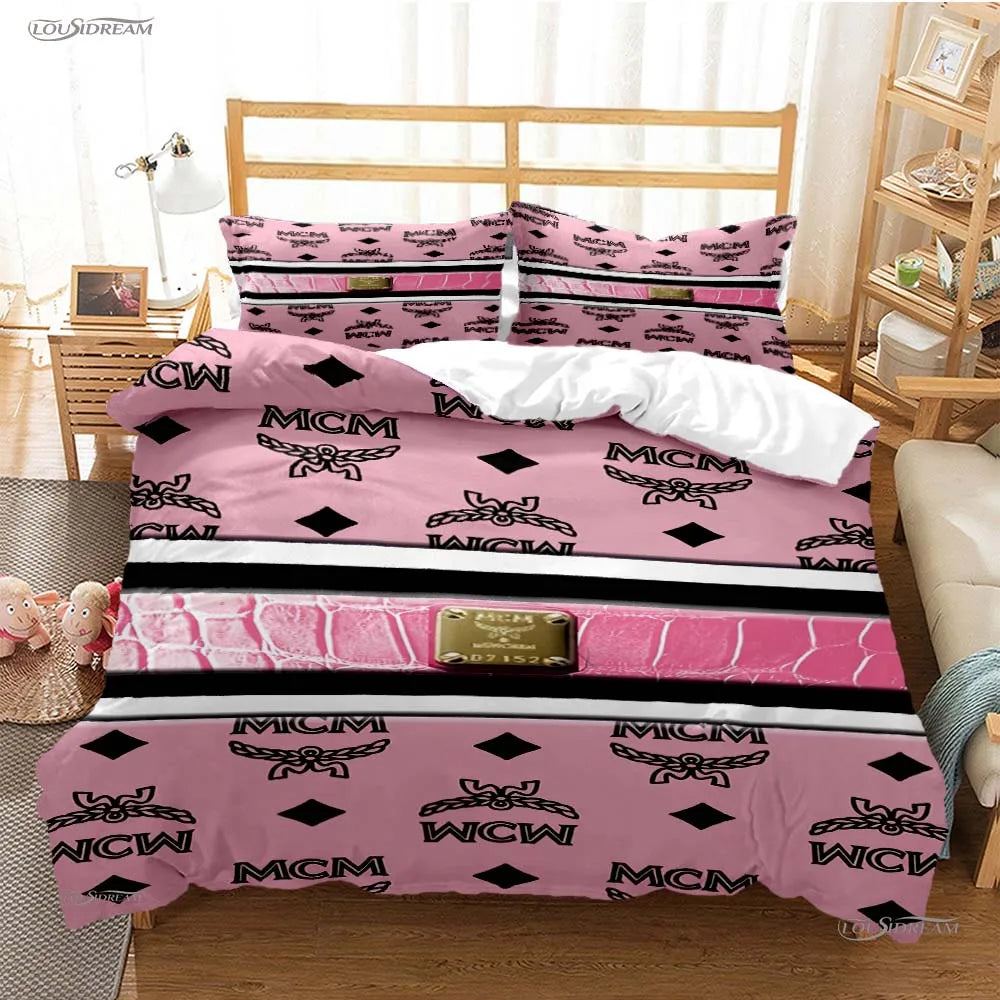 Pink and black patterned duvet cover set with embroidered MCM logo featuring various designs