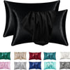 A collection of black satin silk pillow covers for hair and beauty in various colors including green, beige, red, blue, and w