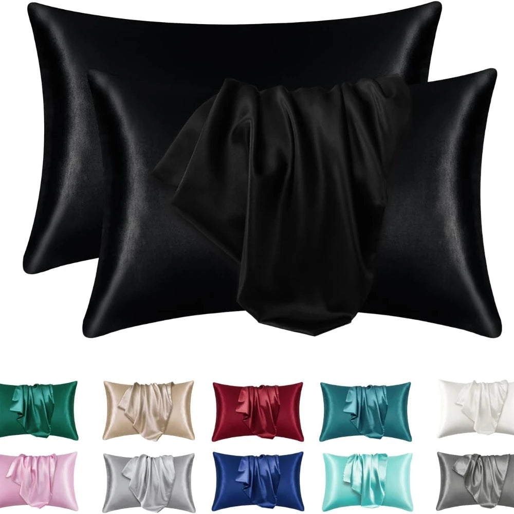 A collection of black satin silk pillow covers for hair and beauty in various colors including green, beige, red, blue, and w