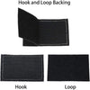 Two pieces of tactical embroidered fabric showing the hook and loop backing, labeled as Hook and Loop.