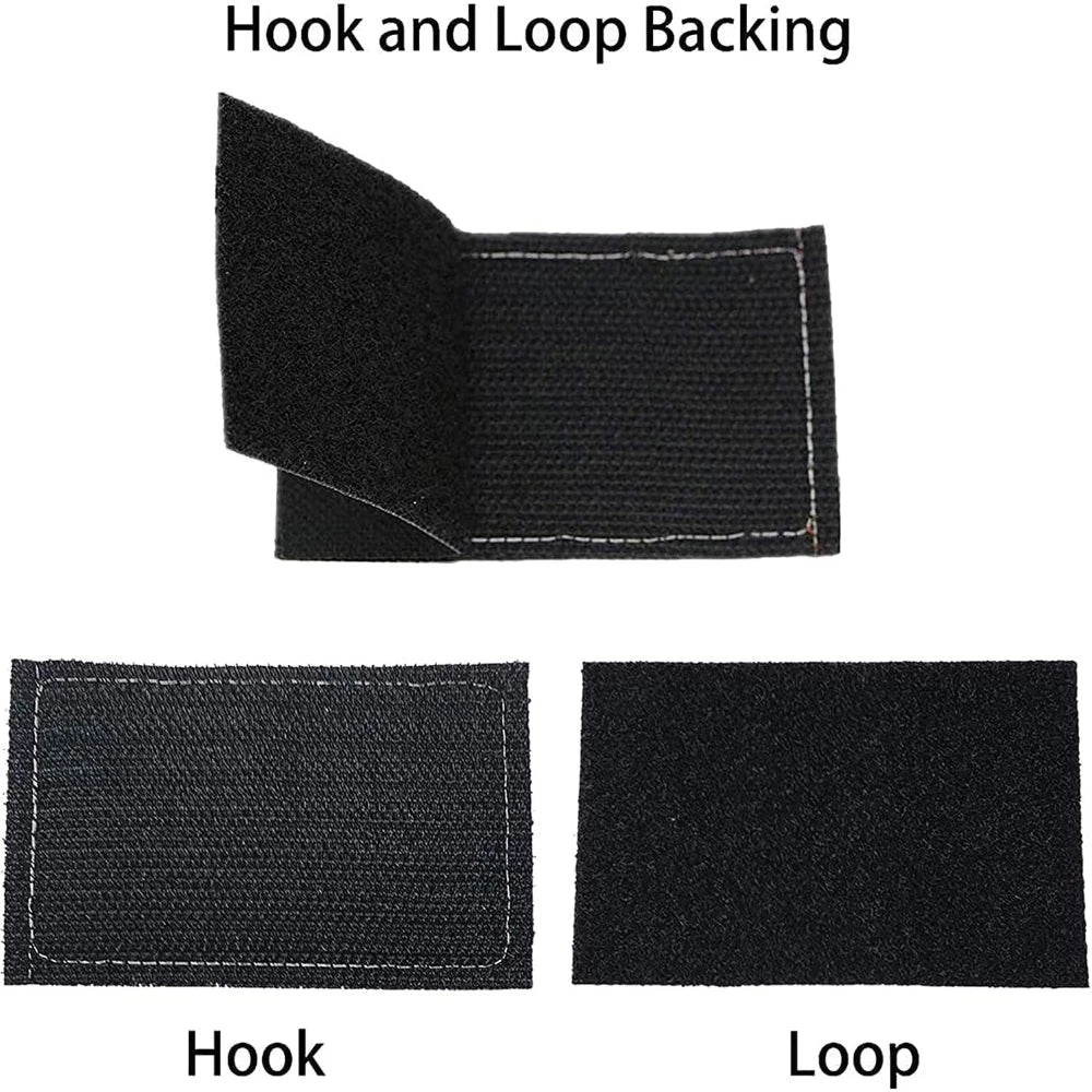 Two pieces of tactical embroidered fabric showing the hook and loop backing, labeled as Hook and Loop.