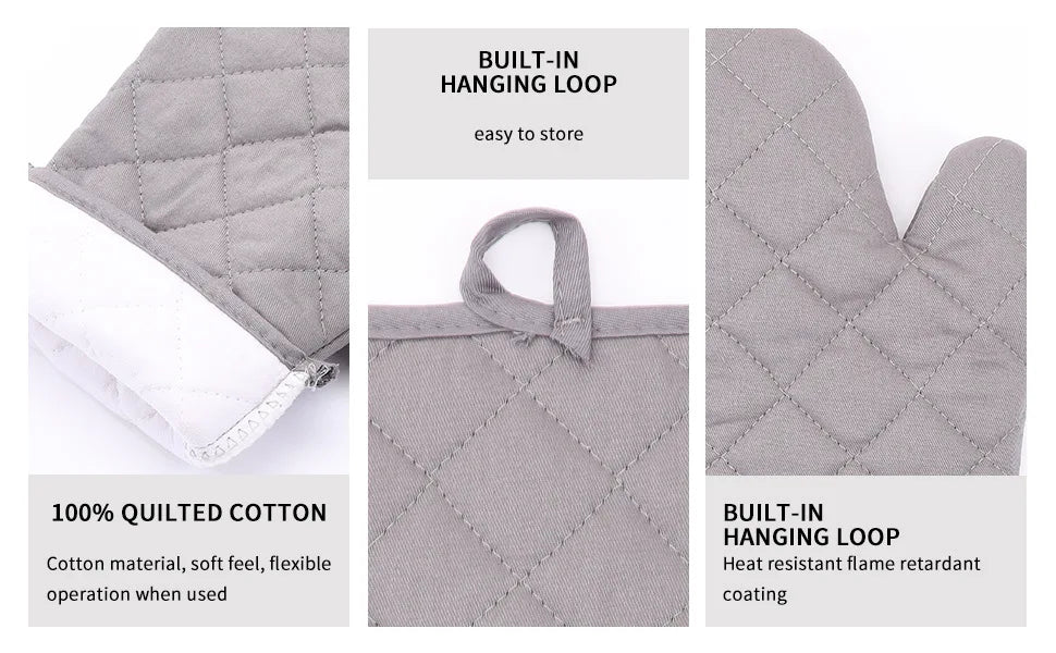 Gray quilted cooking gloves with built-in hanging loops and heat resistant coating