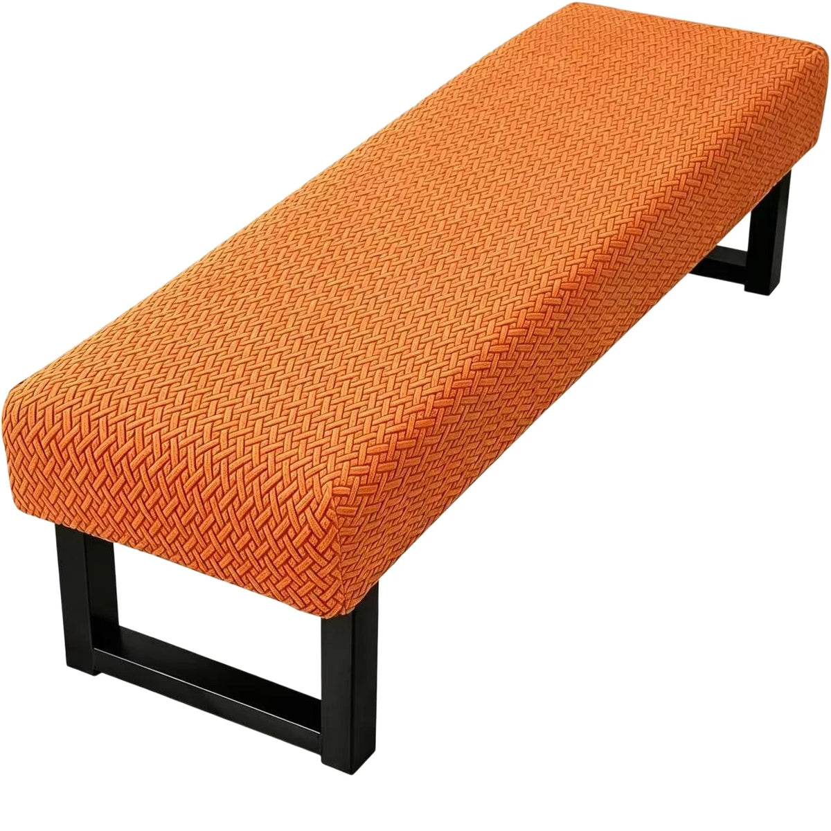 An orange Jacquard stretch bench cover with a woven texture and black frame.