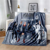 A dark-themed anime throw blanket featuring characters from Jujutsu Kaisen in a group portrait.