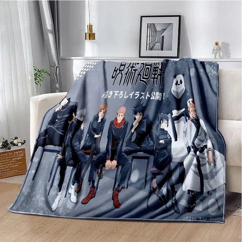 A dark-themed anime throw blanket featuring characters from Jujutsu Kaisen in a group portrait.