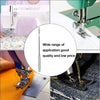 A set of precision sewing machine needles shown in various contexts, including near a sewing machine and on fabric.
