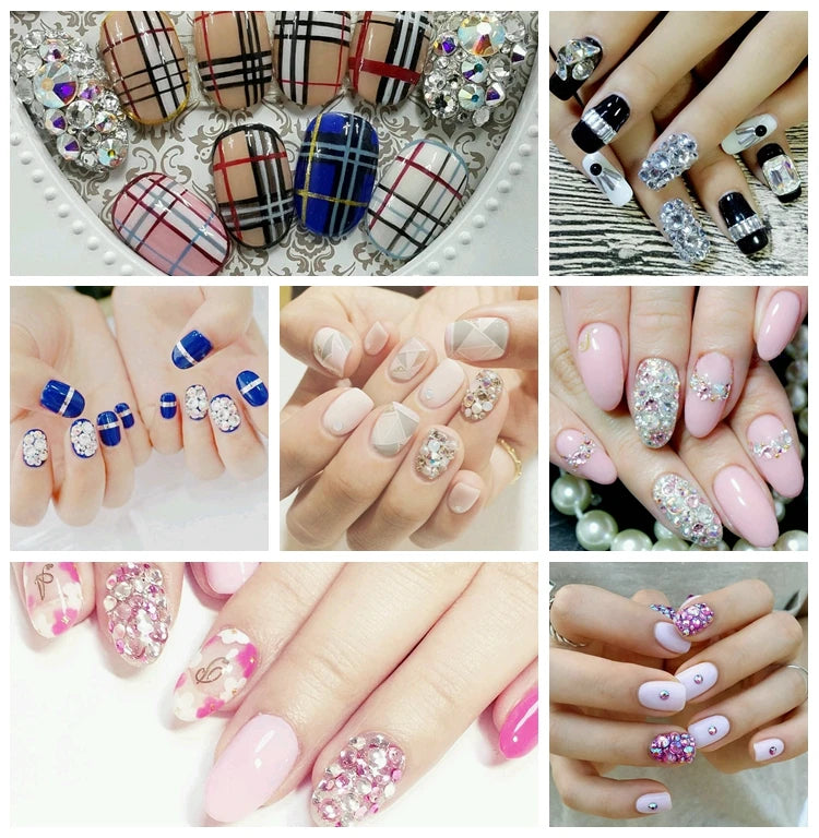 A collection of crystal flatback rhinestones in various colors and shapes for crafts and decor.