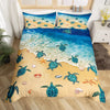 A sea turtle themed duvet cover set featuring colorful sea turtles and starfish patterns on a light yellow background.