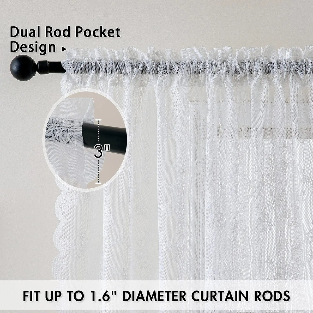 Dual rod pocket design for a sheer vintage floral lace curtain, fit up to 1.6 inch curtain rods.