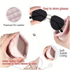 A pink PU leather eyeglass case with a metal spring closure and a cleaning cloth is shown alongside sunglasses.