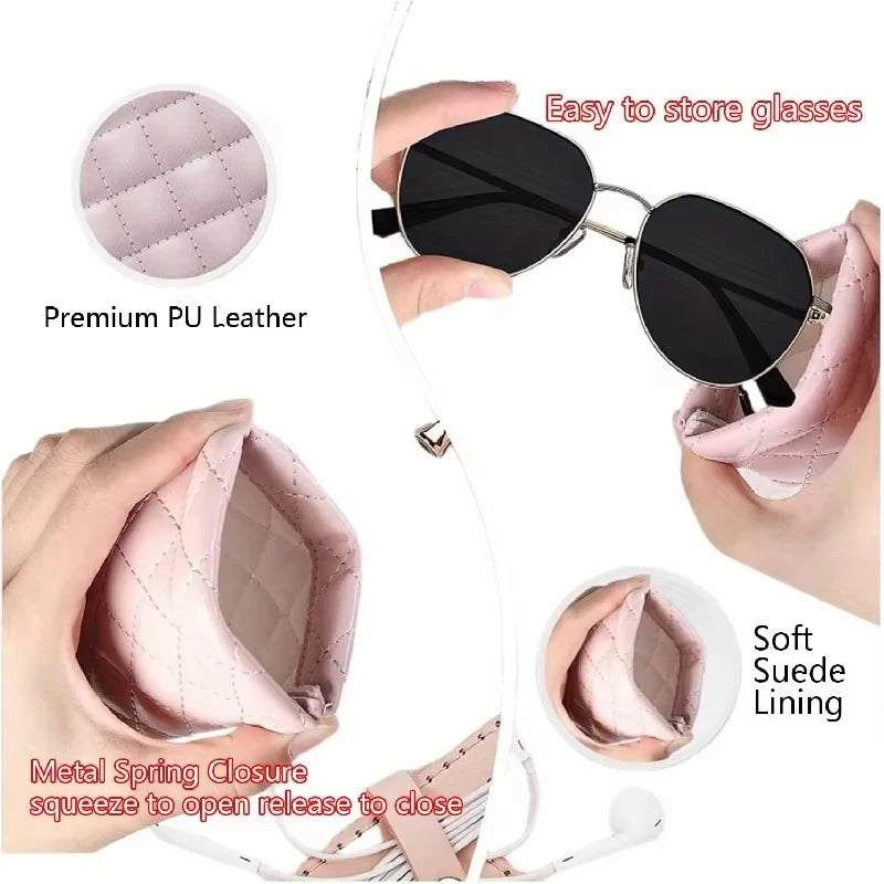 A pink PU leather eyeglass case with a metal spring closure and a cleaning cloth is shown alongside sunglasses.