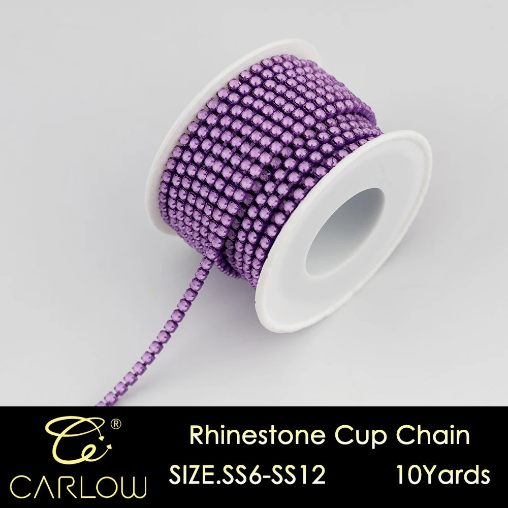 A spool of purple rhinestone cup chain, 10 yards long, is shown on a white background.
