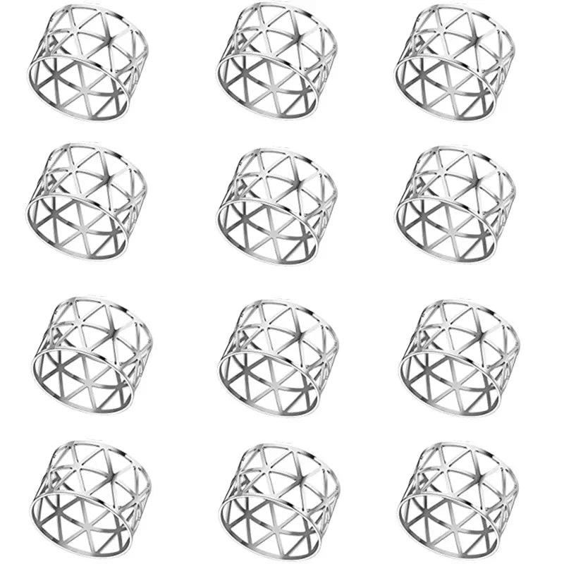 A set of elegant metal napkin rings for table decoration, shown in various styles and angles.